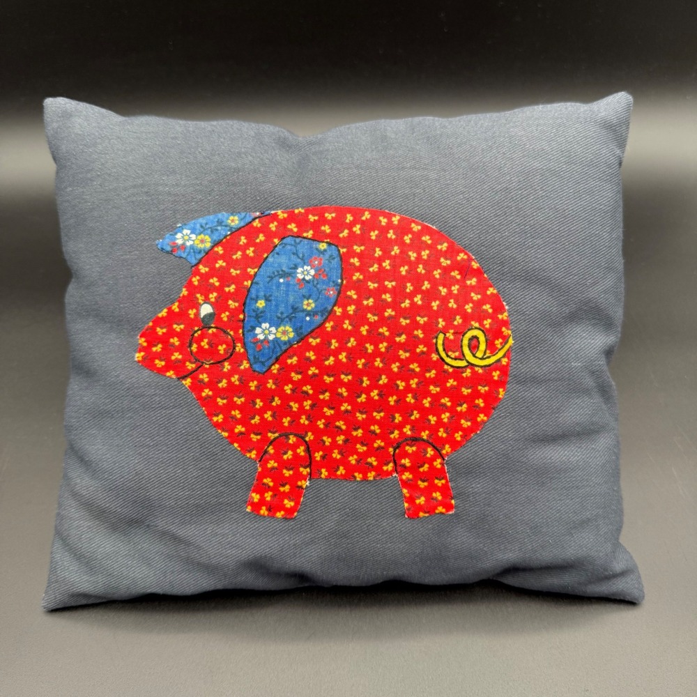 Vintage Handmade Pig Applique Throw Pillow Cottage Farmhouse Red Floral Denim